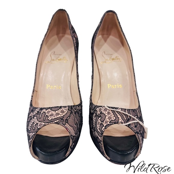 CHRISTIAN LOUBOUTIN Very Prive Nude Satin & Floral Lace Peep Toe Heels SZ 38 - Picture 4 of 17